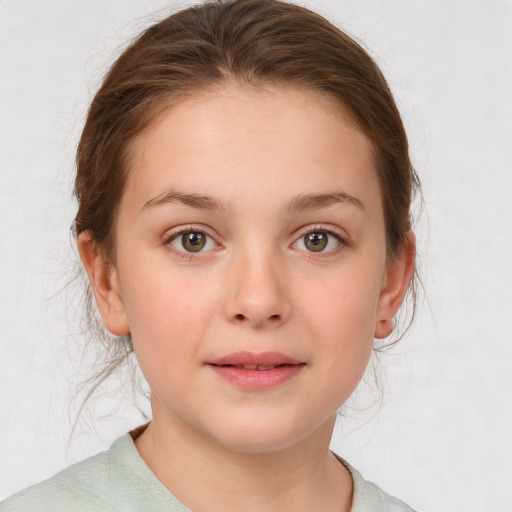 Joyful white child female with medium  brown hair and grey eyes