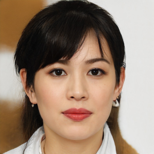 Neutral asian young-adult female with medium  brown hair and brown eyes