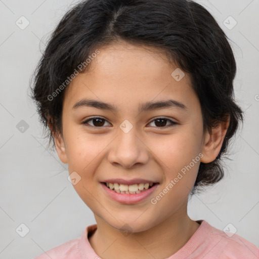 Joyful white child female with medium  brown hair and brown eyes