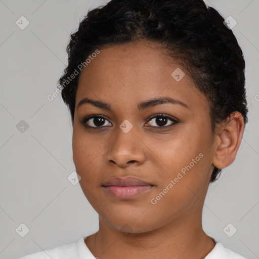 Neutral latino young-adult female with short  brown hair and brown eyes