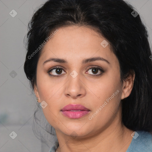 Joyful latino young-adult female with medium  black hair and brown eyes