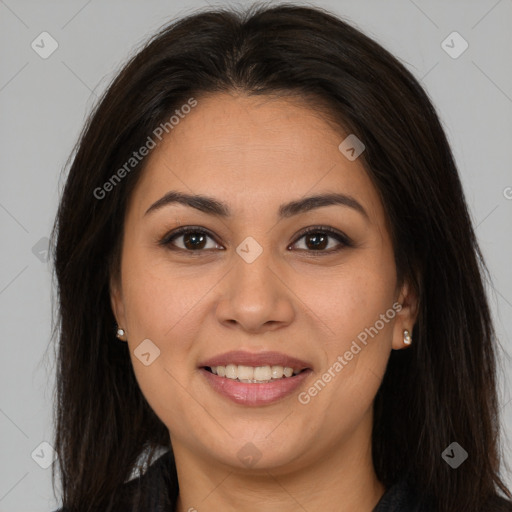 Joyful latino young-adult female with long  brown hair and brown eyes