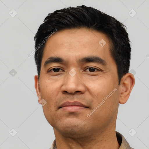 Neutral asian adult male with short  black hair and brown eyes