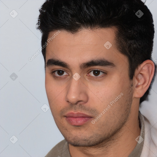 Neutral white young-adult male with short  black hair and brown eyes
