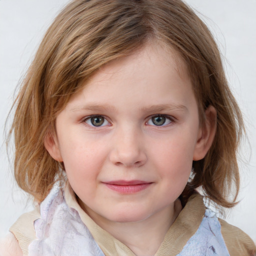 Joyful white child female with medium  brown hair and blue eyes