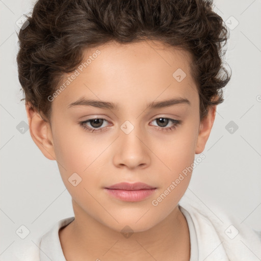 Joyful white child female with short  brown hair and brown eyes