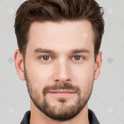 Neutral white young-adult male with short  brown hair and grey eyes