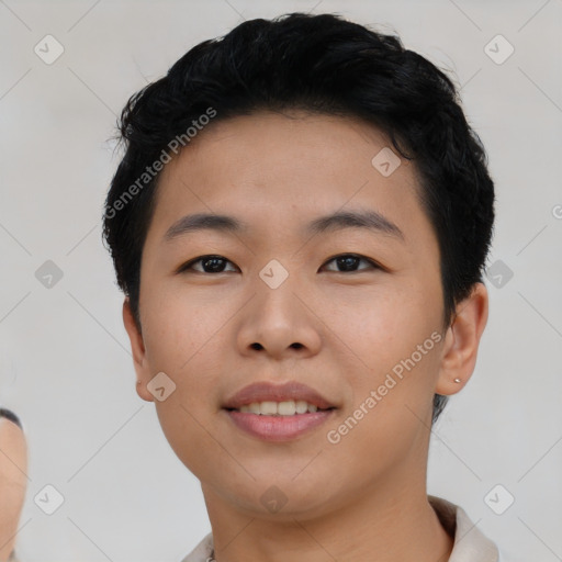 Joyful asian young-adult female with short  black hair and brown eyes