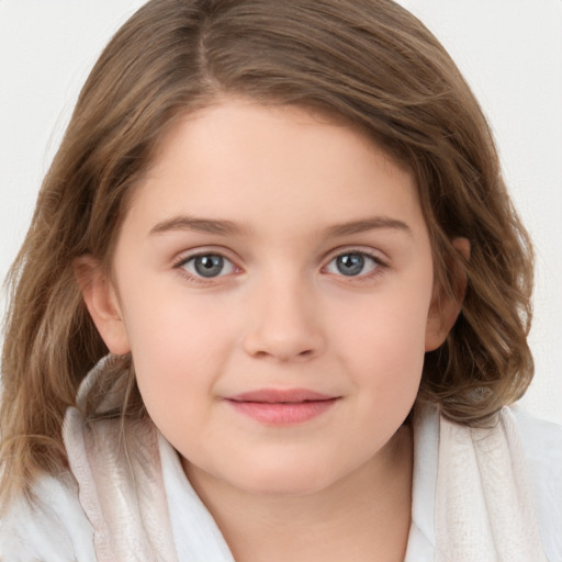 Joyful white child female with medium  brown hair and grey eyes