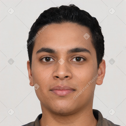 Neutral latino young-adult male with short  black hair and brown eyes