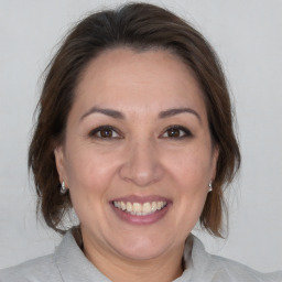 Joyful white adult female with medium  brown hair and brown eyes