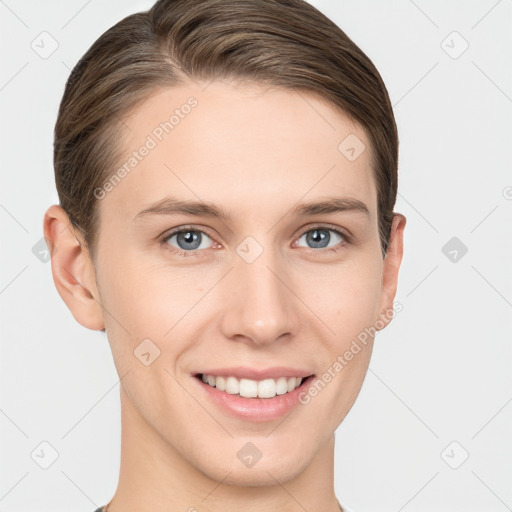 Joyful white young-adult female with short  brown hair and grey eyes