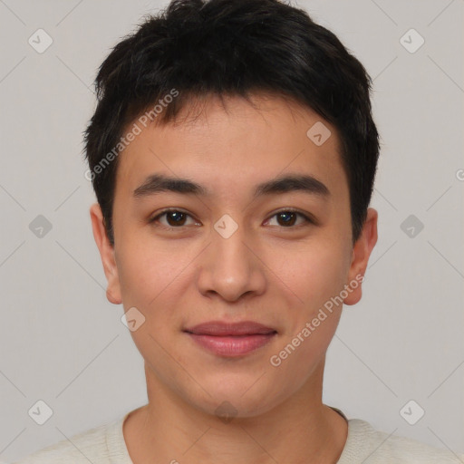 Joyful asian young-adult male with short  brown hair and brown eyes