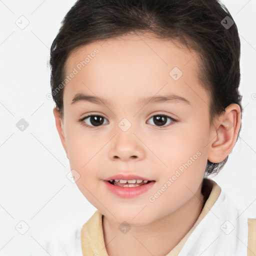 Joyful white child female with short  brown hair and brown eyes