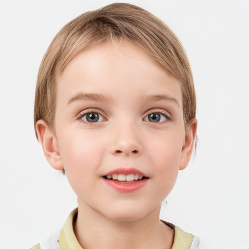 Joyful white child female with medium  brown hair and blue eyes