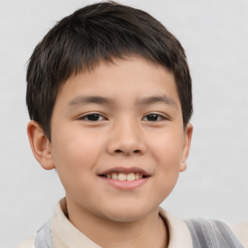 Joyful asian child male with short  brown hair and brown eyes