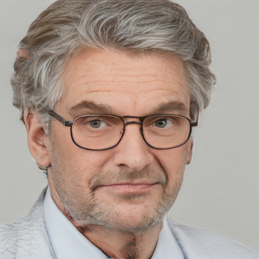 Joyful white middle-aged male with short  brown hair and blue eyes