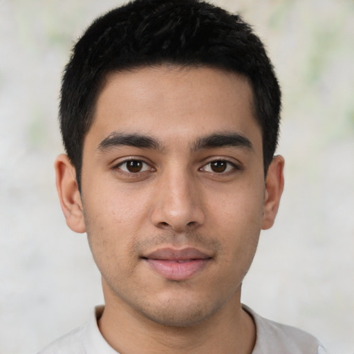 Neutral latino young-adult male with short  black hair and brown eyes