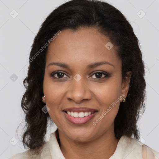 Joyful black young-adult female with medium  brown hair and brown eyes