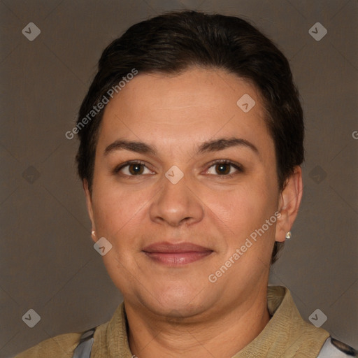 Joyful white adult female with short  brown hair and brown eyes