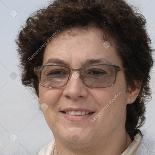 Joyful white adult female with short  brown hair and brown eyes