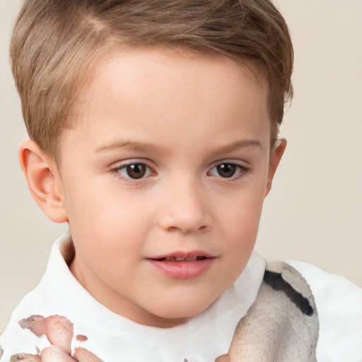 Joyful white child female with short  brown hair and brown eyes