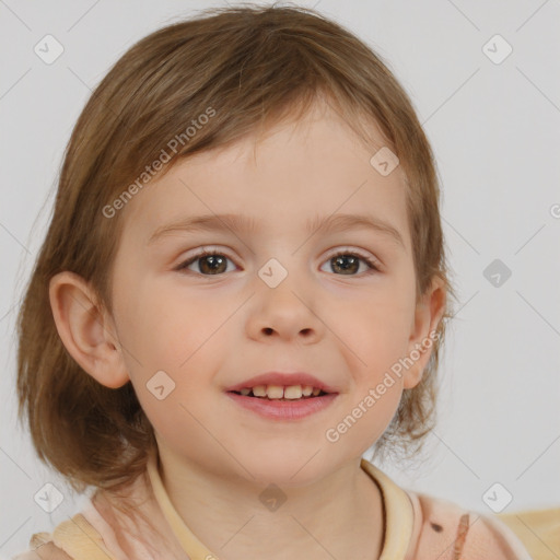 Joyful white child female with medium  brown hair and brown eyes