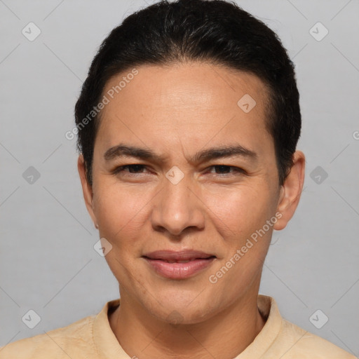 Joyful white adult female with short  brown hair and brown eyes