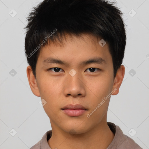 Neutral asian young-adult male with short  brown hair and brown eyes