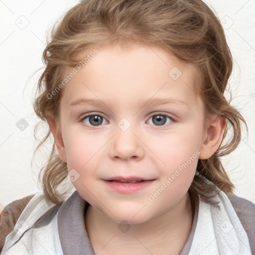 Neutral white child female with medium  brown hair and blue eyes