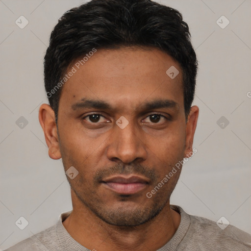 Neutral latino young-adult male with short  black hair and brown eyes