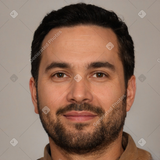 Joyful white young-adult male with short  black hair and brown eyes