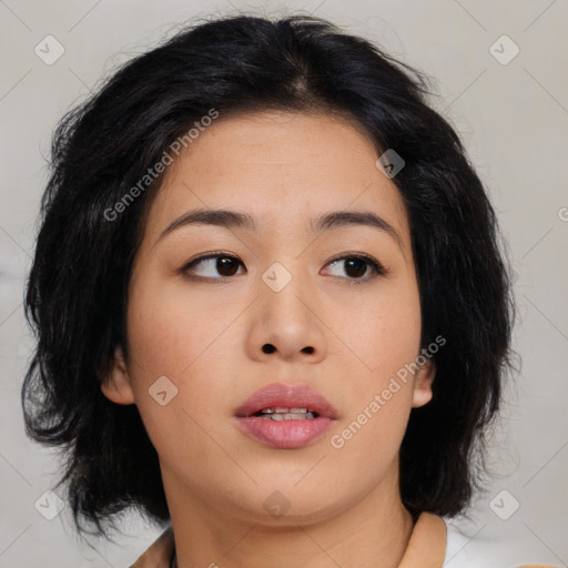 Neutral asian young-adult female with medium  black hair and brown eyes