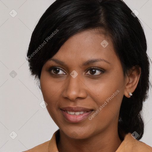 Joyful asian young-adult female with medium  black hair and brown eyes