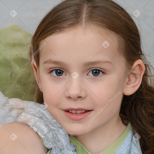 Joyful white child female with medium  brown hair and brown eyes