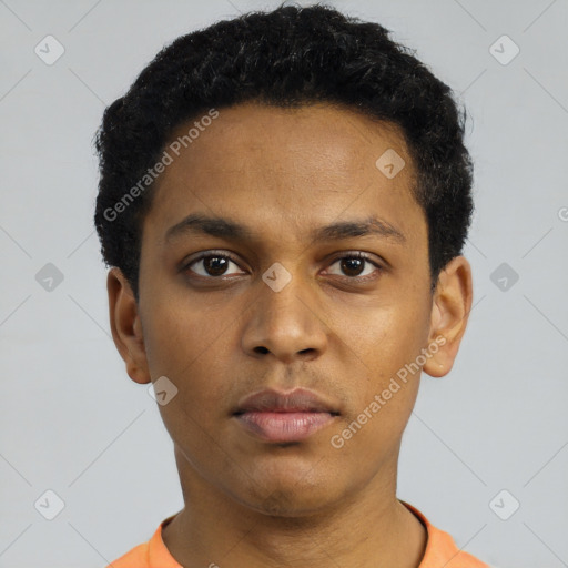 Neutral black young-adult male with short  black hair and brown eyes