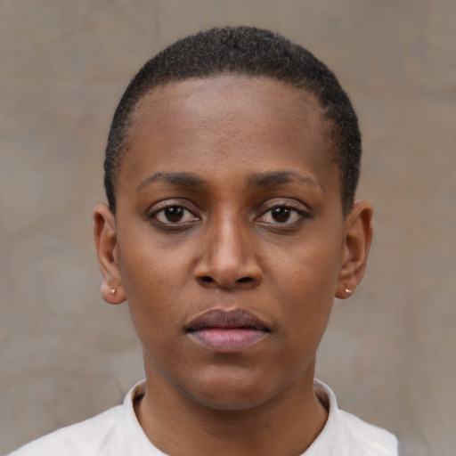 Neutral black young-adult female with short  black hair and brown eyes