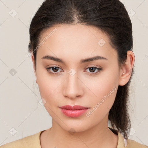 Neutral white young-adult female with medium  brown hair and brown eyes