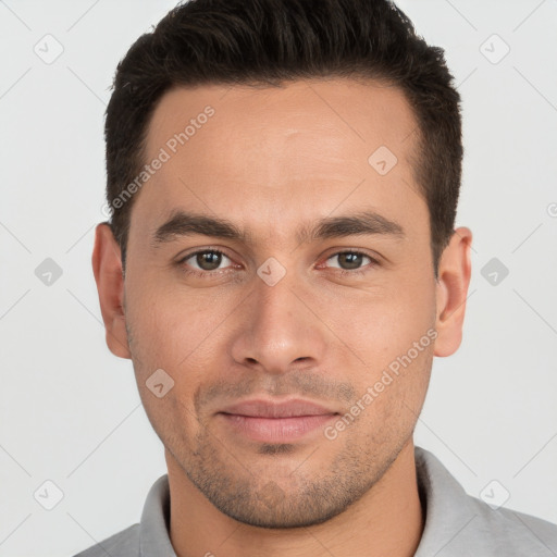 Neutral white young-adult male with short  brown hair and brown eyes