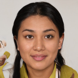 Joyful white young-adult female with medium  brown hair and brown eyes