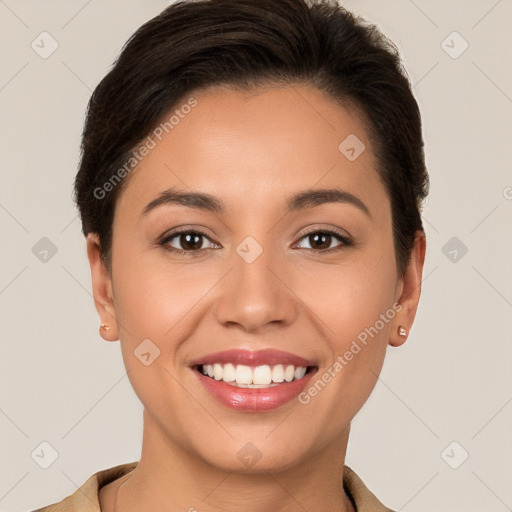 Joyful white young-adult female with short  brown hair and brown eyes