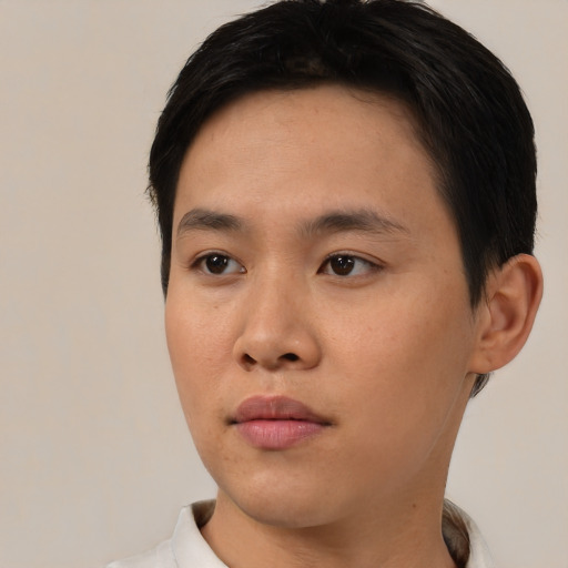 Neutral asian young-adult male with short  black hair and brown eyes