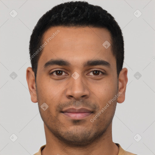 Neutral latino young-adult male with short  black hair and brown eyes