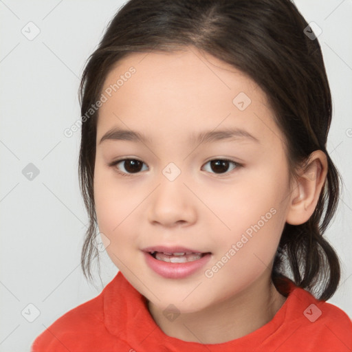 Joyful white child female with medium  brown hair and brown eyes