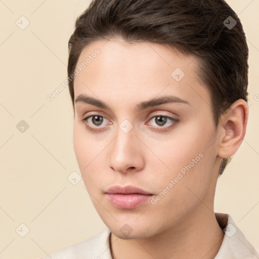 Neutral white young-adult female with short  brown hair and brown eyes