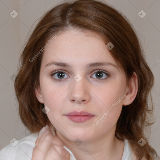 Neutral white young-adult female with medium  brown hair and brown eyes