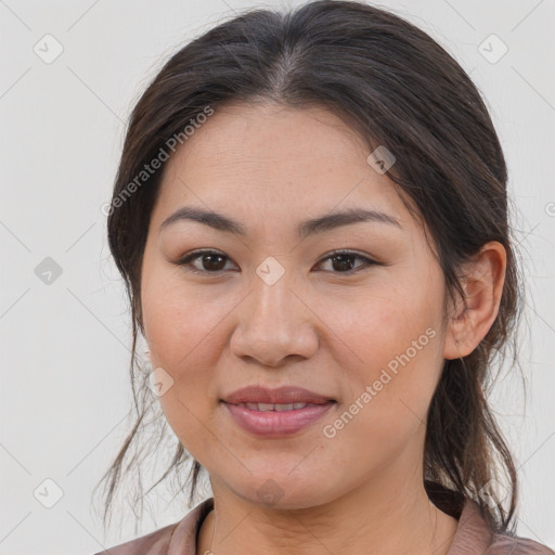 Joyful white young-adult female with medium  brown hair and brown eyes