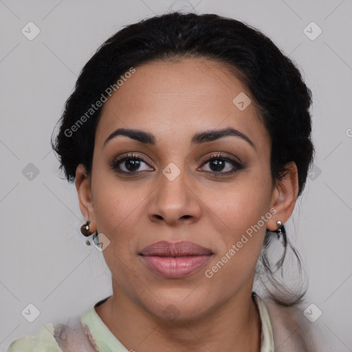 Joyful latino young-adult female with medium  brown hair and brown eyes