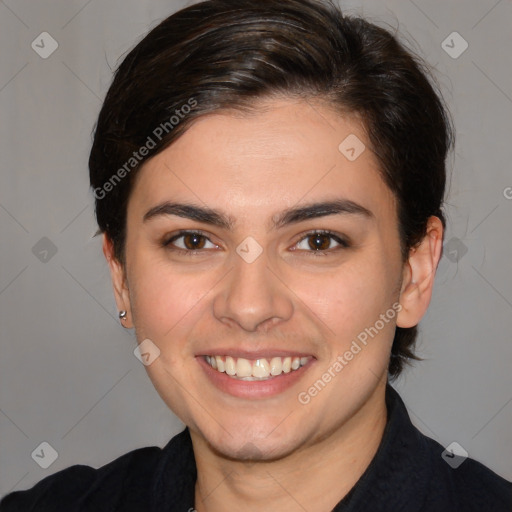 Joyful white young-adult female with medium  brown hair and brown eyes