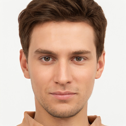 Neutral white young-adult male with short  brown hair and brown eyes